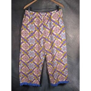 Masseys Womens Large Blue Red Yellow Geometric Print Fringe Hem Crop Pants L